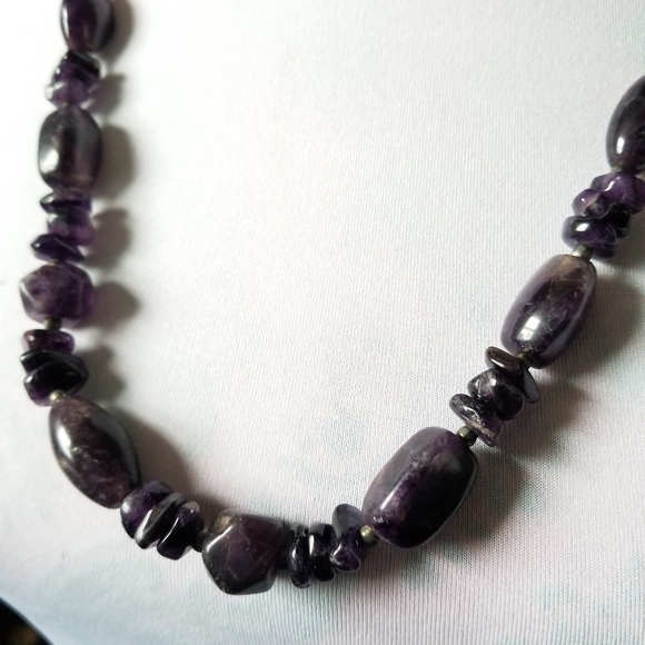 Relisted -Amethyst gemstone bead necklace purple real stone long strand silver - Picture 3 of 10